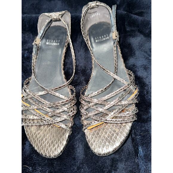 STUART WEITZMAN SNAKE PRINT LEATHER LOW WEDGE SANDALS 7.5N - Picture 2 of 7